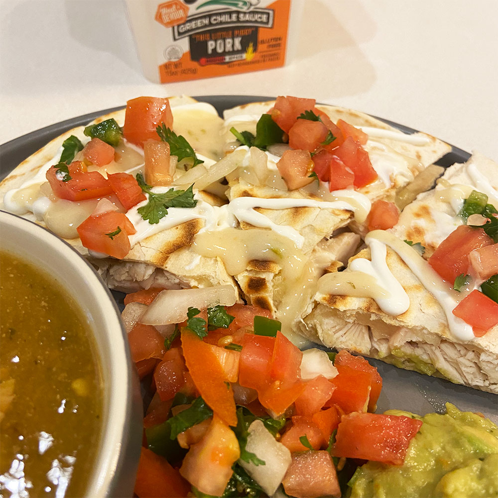 stinkin' good green chile chicken quesadillas