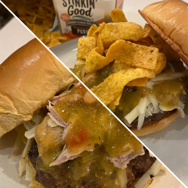Stinkin’ Good Green Chile Burgers 2 Ways: Pulled Pork Burger & Frito Pie Queso Burger