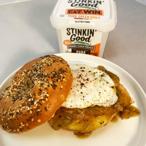 Stinkin' Good Green Chile Messy Open Face Bagel Sandwich